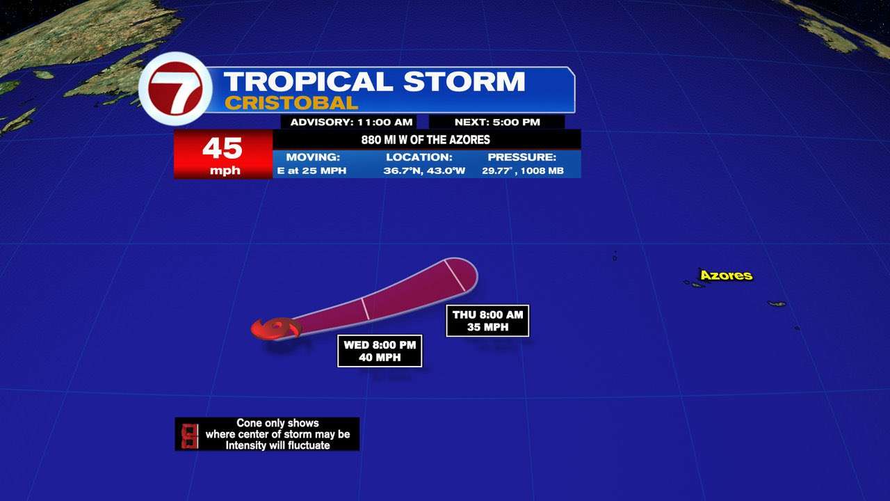 Tropical Storm Cristobal forms in the Atlantic Ocean well away from the Azores