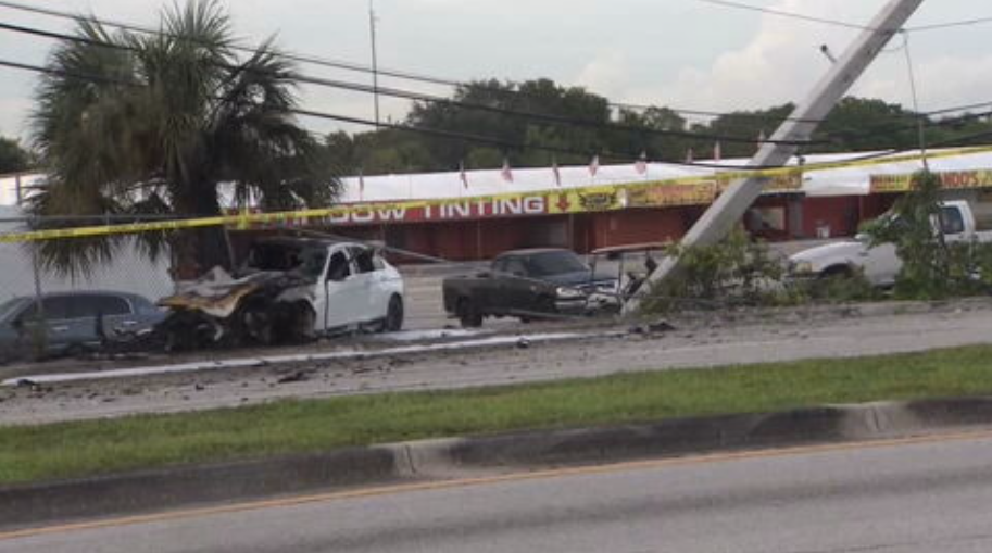 Car erupts in flames after crashing into concrete pole in Lauderhill; driver hospitalized
