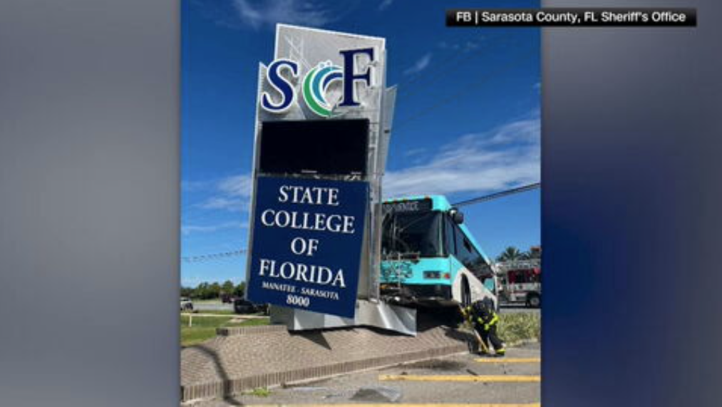4 hospitalized after transit bus crashes against car, sign near State College of Florida in Sarasota