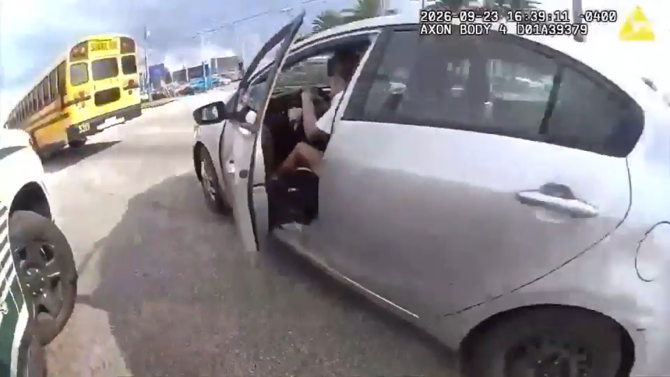 Bodycam video shows woman hitting school bus while fleeing police during traffic stop in Tampa
